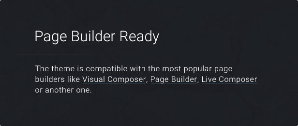 Page Builder Ready: The theme is compatible with the popular page builders like Visual Composer, Page Builder or Live Composer.